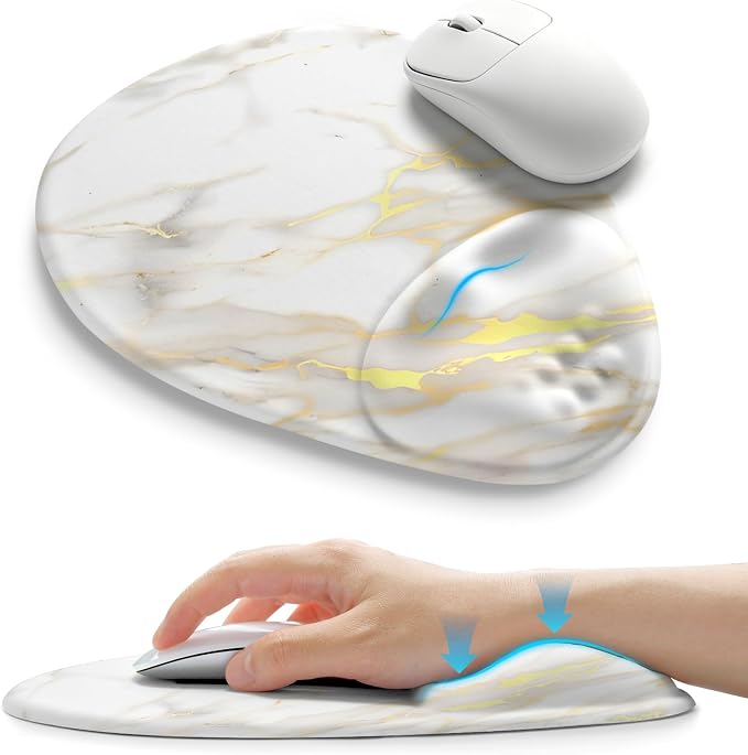 Palm-Rest and Wrist-Hugging Mouse Pad Wrist Rest, Ergonomic Wrist Support with Curve Fitting Cushioned Memory Foam for Carpal Tunnel Pain Relief, 9.9 x 8.3 Inch, Platinum Marble