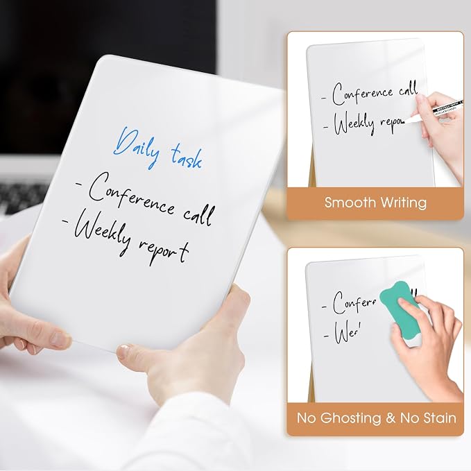 Desktop Glass Dry Erase Board, Small Glass Whiteboard with Adjustable Wood Stand - Reusable Desk Notepad 9.5" x 6.7" for Home Office