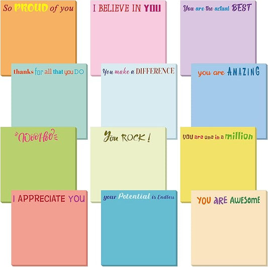 Yinder 12 Pcs Inspirational Sticky Notes Thank You Gift Motivational Sticky Note Pad Employee Appreciation Gift Bulk for Staff Coworker Teacher Nurse Office Groups 3 x 3'' (Appreciation,Simple Color)