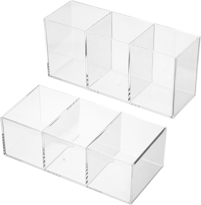 PATIKIL 3 Compartments Clear Acrylic Pen Holder, Pencil Holder Pen Organizer Pencil Cup Makeup Brush Holder Square for Countertop Desk, Transparent