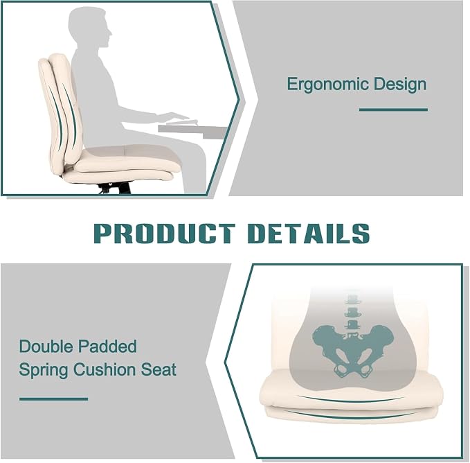 LUCKWIND Armless Office Desk Chair with Wheels, Mid-Back Criss Cross Swivel Task Chair, Height Adjustable Cushioned Vanity Chair, Double Padded PU Leather Chair for Home, Office & Bedroom, Beige White