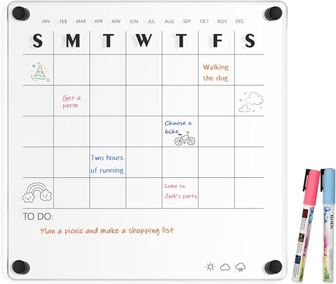Small Acrylic Calendar for Wall, 12" X 12" (Black) | Acrylic Wall Calendar, Clear Wet & Dry Erase Board Hanging Frameless Monthly Planner for Office, Home or School, 2 Markers