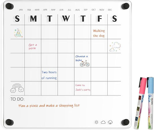 Small Acrylic Calendar for Wall, 12" X 12" (Black) | Acrylic Wall Calendar, Clear Wet & Dry Erase Board Hanging Frameless Monthly Planner for Office, Home or School, 2 Markers