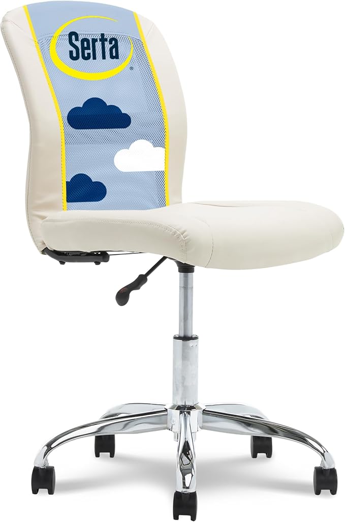 Serta Armless Small Home Desk Chair with Wheel, Ergonomic Mesh Office Chair | Leather and Foam Cusioned Seat, Adjustable Height, Small Vanity Chair for Bedroom and Small Spaces, 360° Swivels, Cream White