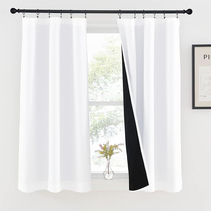 NICETOWN White Kitchen 100% Blackout Curtains 48 inches Long, Completely Blackout Window Treatment Thermal Insulated Lined Drapes for Small Window (1 Pair, 37 inches Width Each Panel)