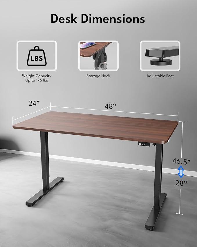 Electric Standing Desk, Gaming Desk, 48 x 24 Inch, Walnut | Height Adjustable Computer Desk with Smart Controller, Sit and Stand Up Table for Home, Office, Work, Study, Writing