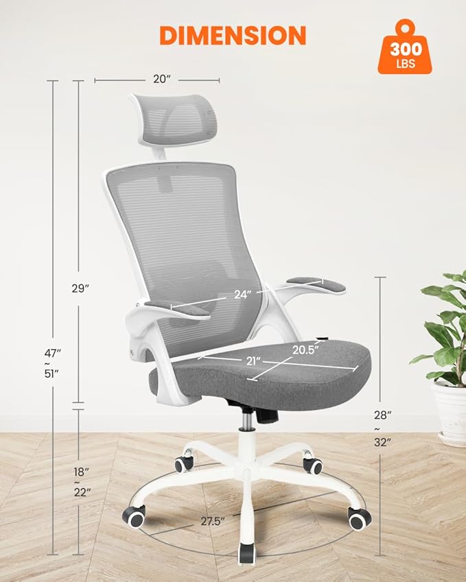 NEO CHAIR Office Chair High Back Desk Mesh Chair Comfy Computer Gaming Seat with Adjustable Ergonomic Headrest Lumbar Rolling Flip-up Armrests and Wheels (Grey)