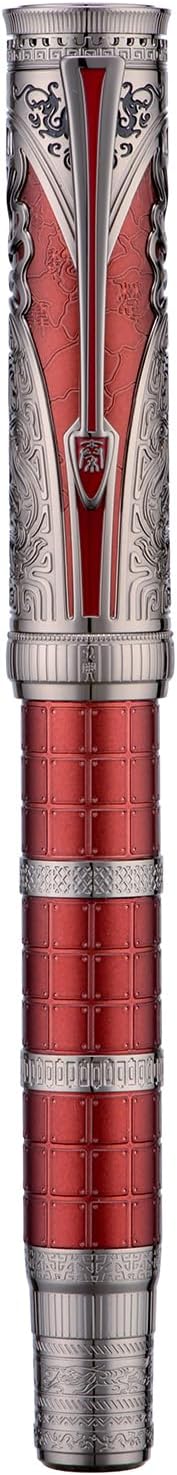Hongdian D5X Fountain Pen Fine Nib Red Color, Qin Dynasty Retro Chinese Totem Engraving Smooth Writing Pen with Converter and Pen Box Set