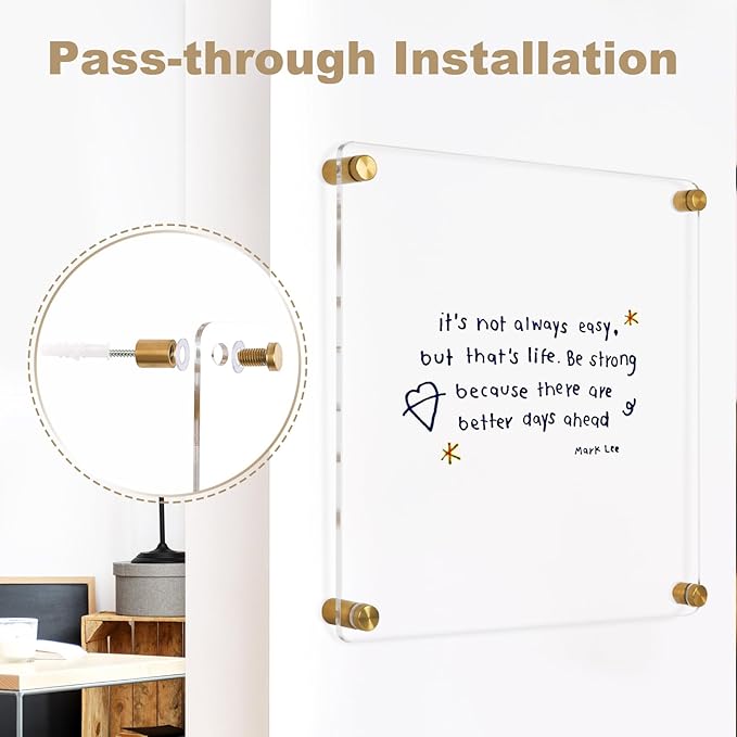 Clear Acrylic Dry Erase Board, 12" X 12" Golden Non-Magnetic Frameless Clear White Board for Wall, Erasable Acrylic Board for Wall, Home, Office, School, 2 Markers