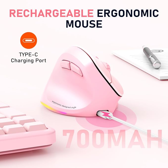 MEETION Left-Handed Mouse, Ergonomic Mouse Wireless Vertical Mouse, RGB Rechargeable Mice for Bluetooth(5.2 + 3.0) & USB, 4 Adjustable DPI for Mac/Windows/PC/Tablet/iPad Pink