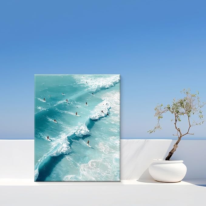 Coastal Ocean Surfing Wall Art Decor Nautical Beach Surf Painting Picture Artwork Blue Ocean Wall Decor for Home Beach Room Bedroom 8x10 Canvas Framed