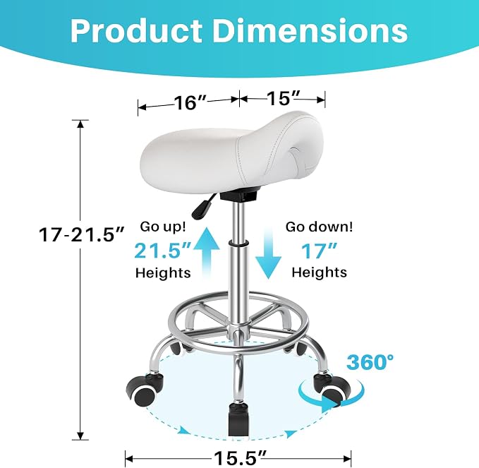 YEEZEE Saddle Stool Ergonomic, Saddle Chair with Wheels, Classic White | Comfortable Wide Thick Saddle Seat Padding, 360°Swivel, Adjustable Height, Ring Pedal Design, for Medical Massage Salon Spa
