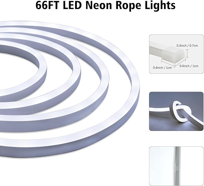 DBFAIRY 66Ft LED Neon Rope Lights, 24V Dimmable 2400LEDs Strip Neon Light 6000K Flexible Silicone Rope Lights Super Bright IP67 Waterproof with Timer Function for Indoor Outdoor Decor(Cool White)