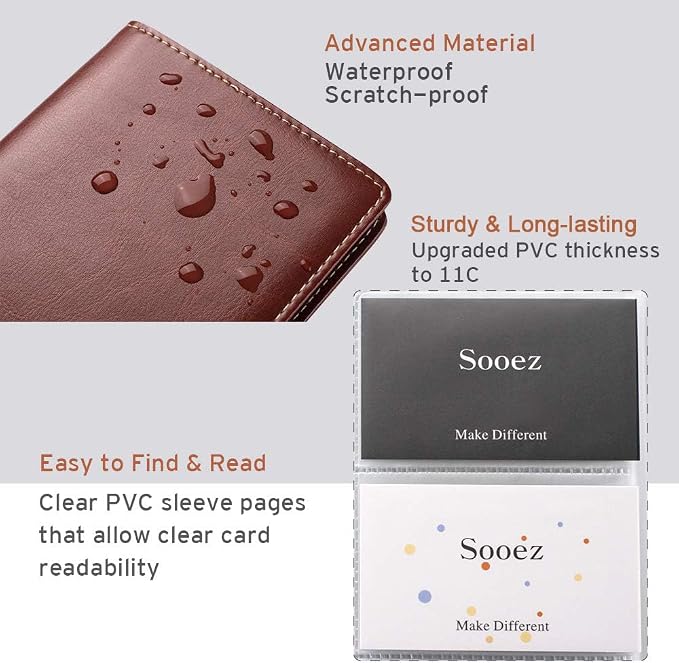 Sooez Leather Professional Business Card Book Holder Organizer, 240 Capacity Credit Card Booklet, PU Name Cards Holder Storage File for Men Women, 7.7"x 4.5" x 0.7", Brown