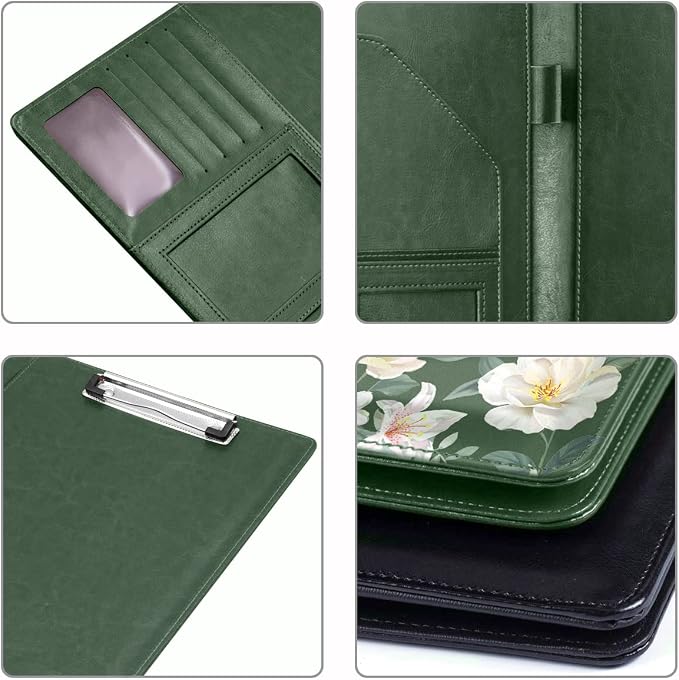Portfolio Case for Women, Padfolio Cover for Girls, Conference/Resume/Legal Document Organizer with Letter/A4 Size Clipboard Hardboard, Business Card Holders, Green Flower
