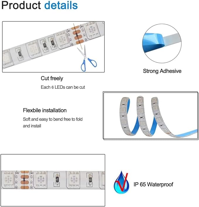 24V RGB LED Strip Lights, 16.4ft 5050 IP65 Waterproof 300 LEDs Color Changing String Light Strips for Bedroom, Kitchen Decoration