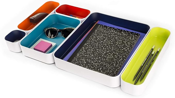 Three by Three Seattle Metal Drawer Organizer Tray Set, 6-Pc, 2" (Classic) | Deep 2" food-safe colorful metal bins; soft non-scratch base; kitchen, vanity, bathroom & office drawer storage