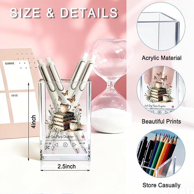 Just One More Chapter Acrylic Pencil Pen Holder Cup, Reading Book Club Makeup Brush Storage Organizer, Cute Bookish Desk Accessories Holder Gifts for Daughter Librarian Teacher Holders (C)