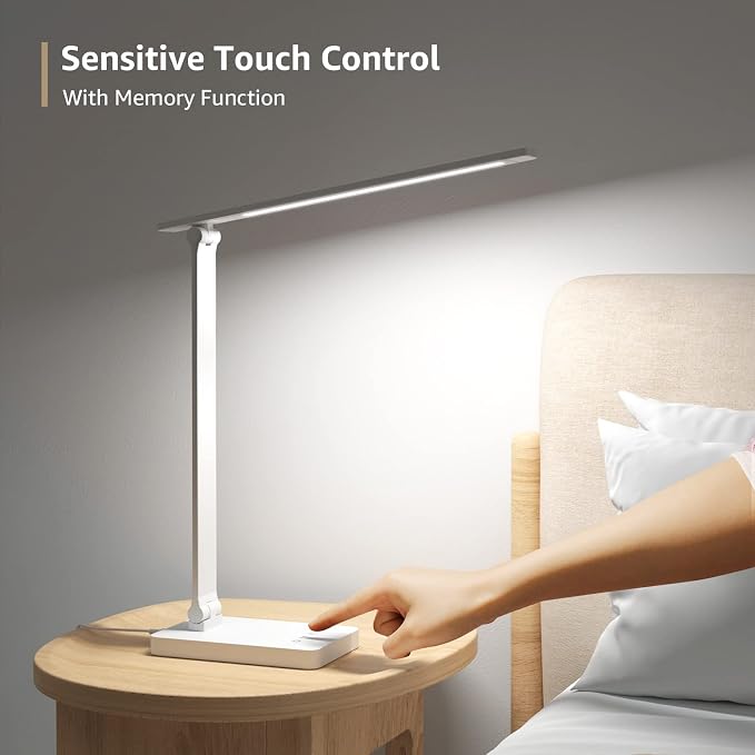 Lepro LED Desk Lamp with USB Charging Port, 700LM Dimmable Home Office Touch Control Reading Table Lamp,5 Color Modes with 5 Brightness Level, Dorm Room Essentials, Task Lamp, Sewing, Crafting, White
