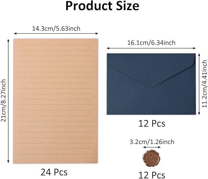 48 Pieces Stationery Set with Envelopes (24 Kraft Paper Sheets + 12 Linen Texture Envelopes+12 Wax Seal Stickers), Stationery Letter Writing Paper Set for Love Letters and Party Invitations (Blue)
