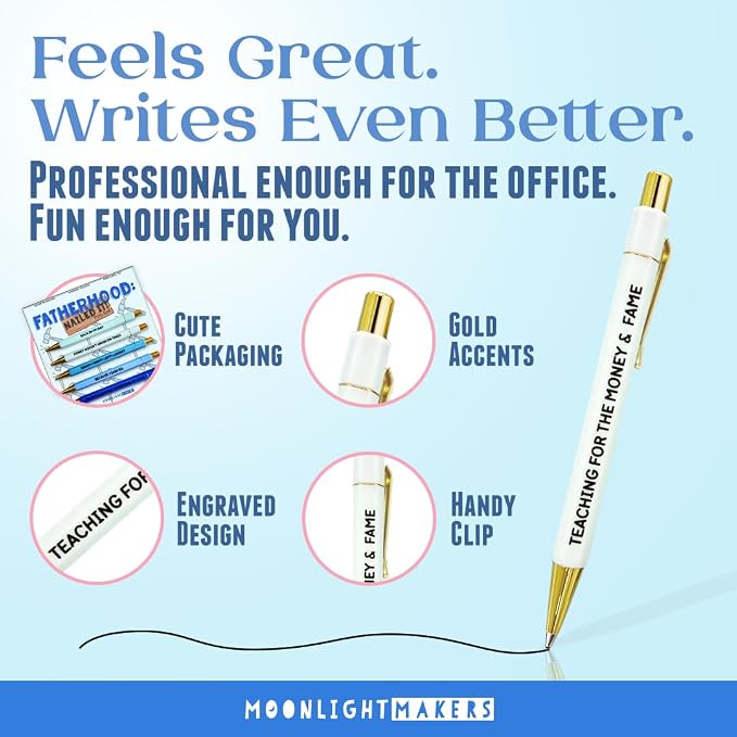 Moonlight Makers - Set of 5 Ballpoint Pens Black Ink- Engraved Funny Pens for Adults - Fatherhood Appreciation Adult Gifts - Ideal Desk Decor for Work and Office Desk - Cute Packaging, Handy Clips