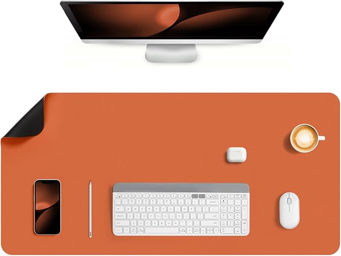 Dual Sided Desk Pad Faux Leather Desk Mat Large Mouse Pad | Desk Pad Protector Non-Slip Waterproof Desk Mouse Pad for Writing Desk, Office, Home(Orange Black 35.4"X17")
