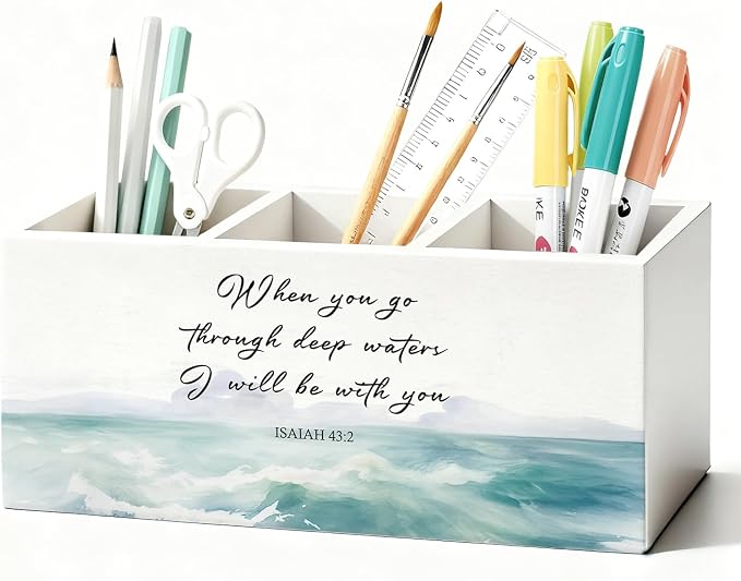 Christian Pen Holder, Christian Gifts for Women Pencil Holder for Desk, Beach Office Decor, Religious Bible Verse Coastal Ocean Wooden Box Sign Decorations for Home Office Desk Tabletop
