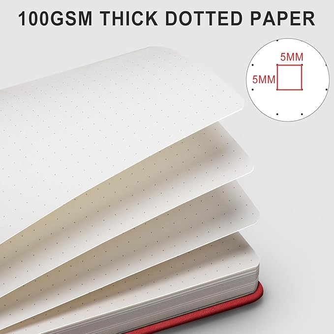 AHGXG Dotted Journal - 320 Numbered Pages Dot Grid Notebook A5 Thick Journal, 100gsm Thick Dotted Paper, Leather Hardcover,Inner Pocket, 5.75'' × 8.38'', Red
