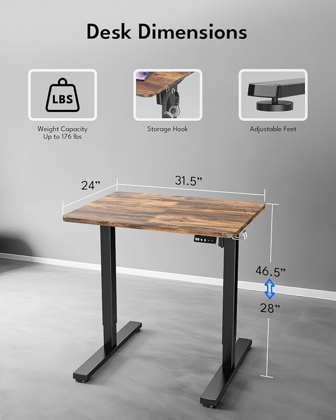 Small Electric Standing Desk, Gaming Desk, 31.5 Inch, Rustic Brown | Height Adjustable Computer Desk with Smart Controller, Sit and Stand Up Table for Home, Office, Work, Study, Writing