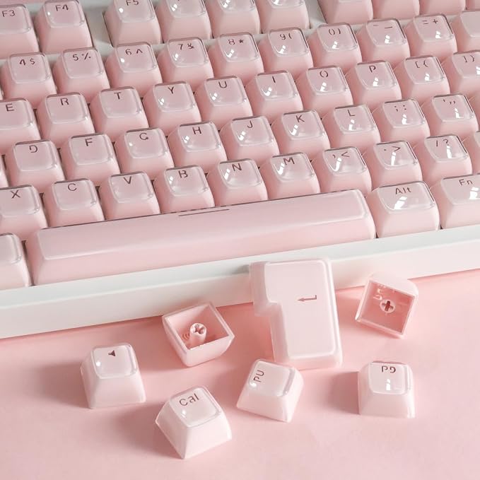 Tsungup Crystal Jelly Pink Keycaps, MDA Profile-Clear Translucent Jade Keycaps,130 Keys Shine Through Custom Key Caps Keyboard Keycap Set for 60%,65%,75%,100% Cherry MX Keyboard Mechanical