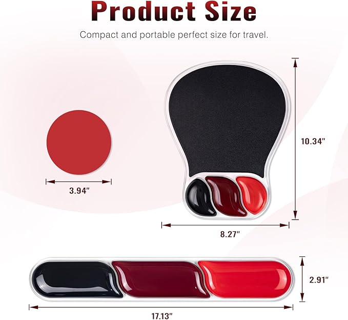 Ospelelf Mouse Pad with Wrist Rest Set Gel Ergonomic Keyboard Wrist Support Anti-Slip Rubber Bottom Office Women Desk Accessories for Computer, Laptop and Gaming, Black and Red