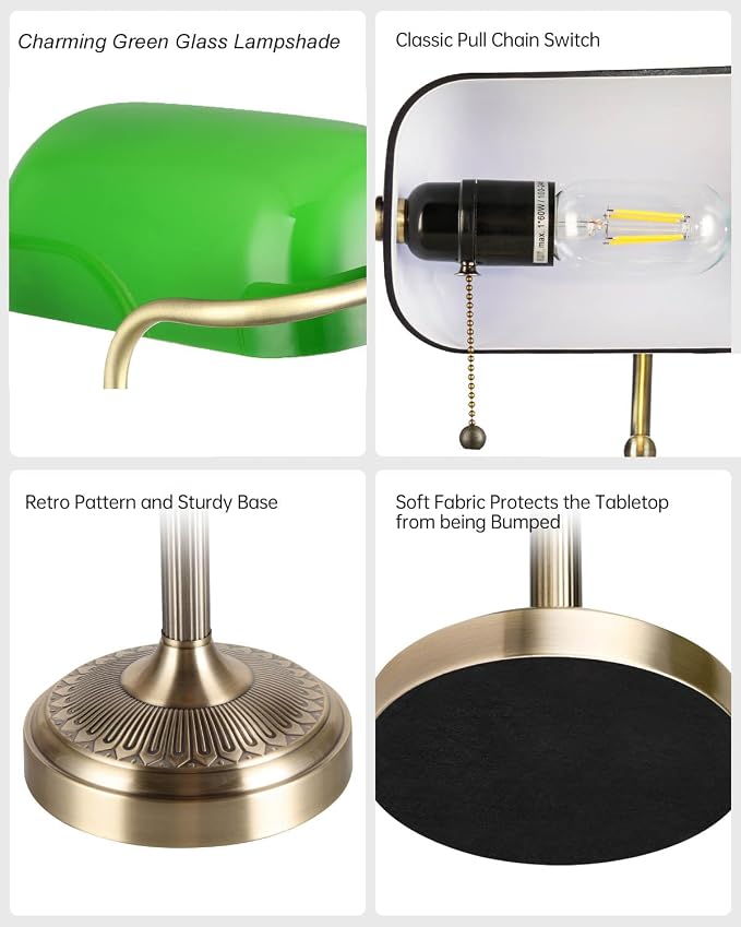 Green Glass Bankers Desk Lamp with Pull Chain Switch Plug in Fixture for Home Office