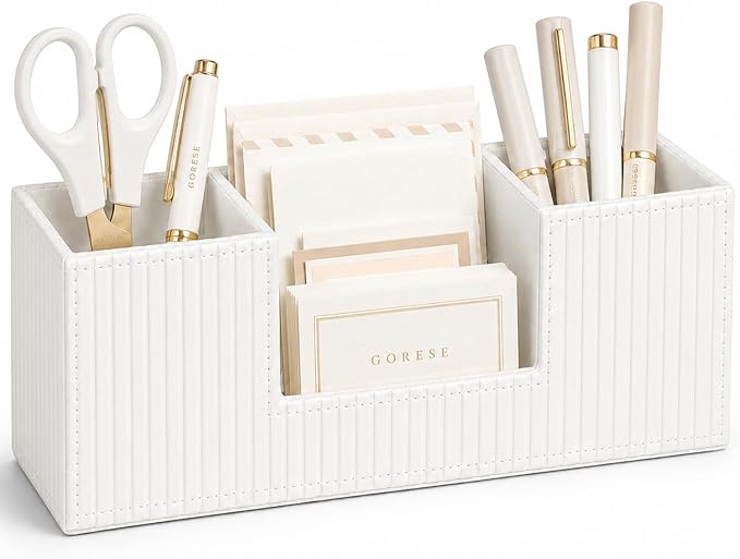 GORESE Pen Organizer for Desk, PU Leather Office Pen Holder, Ivory White | 4-Compartment, Vegan Leather, Office Supplies, Desk Caddy Nightstand Organizer for Pen, Pencil, Remote Control, Business Card