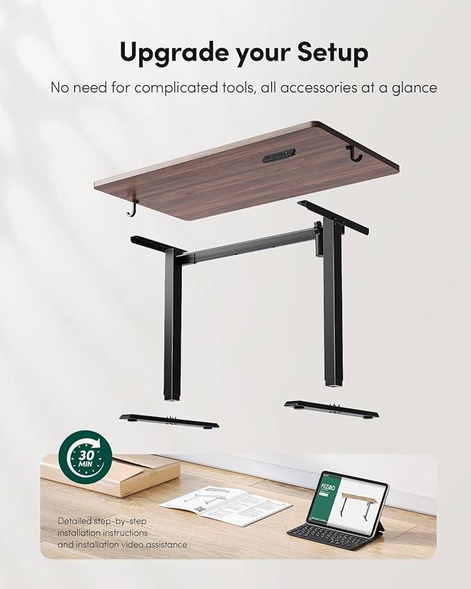 CubiCubi 40 x 24 Small One-Piece Standing Desk, Adjustable Height Electric Computer Home Office Sit Stand up Workstation, with 4 Memory Presets, Headphone Hook, Black Walnut