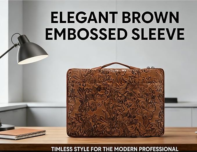 Kinmac Embossed PU Leather 360° Heavy Duty Protective Laptop Sleeve with Poacket (Coffee Flower, 12.5 inch-13.6 inch)