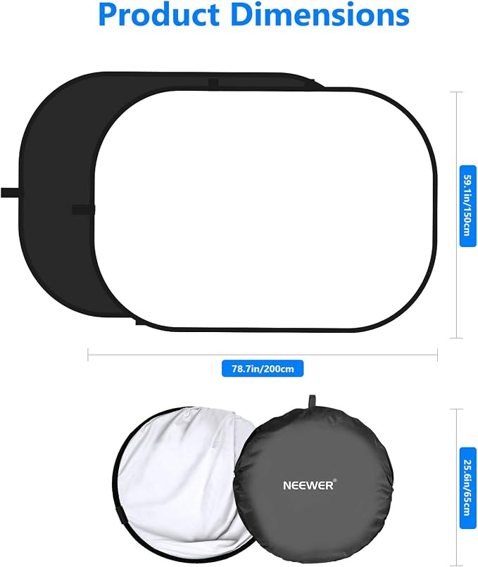 NEEWER Chromakey Backdrops, Double Sided Black Screen and White Screen, 2 in 1 Collapsible and Reversible Background for Photography, Gaming and Live Streaming, 5'×6.6'/1.5m×2m (Black/White)