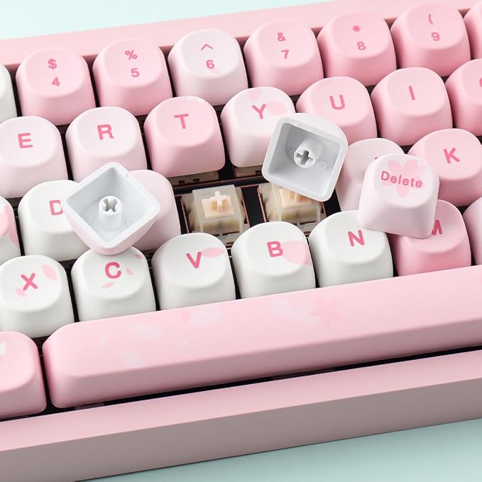 Tsungup MOA Keycaps-Pink Sakura,129 Keys Cute PBT Custom Cherry Blossom Keycaps 100 Percent,Dye Sub Key Caps Keyboard Keycap Set for MX Switches Mechanical Keyboard(only keycap)