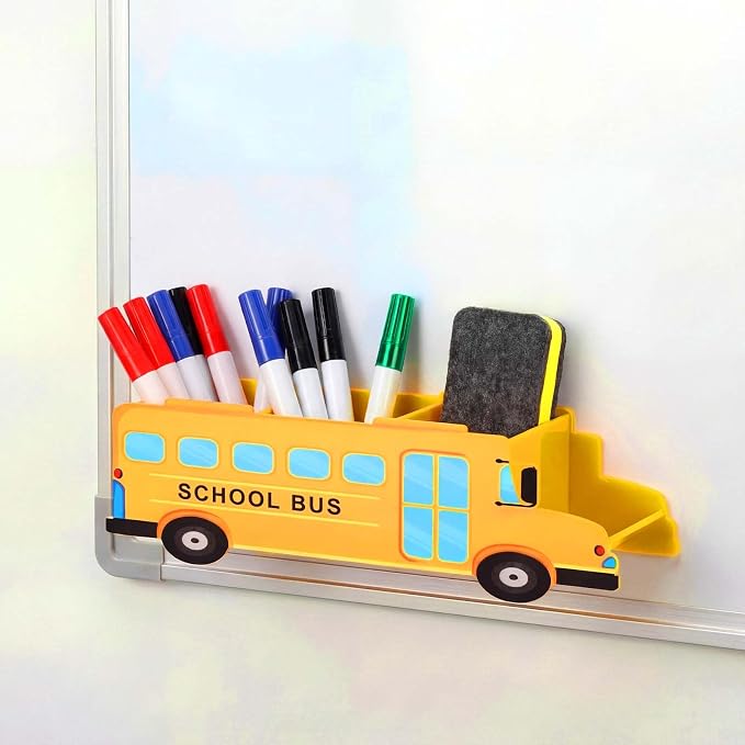 Magnetic Teacher Pencil Holder Gift Personalized Name Pen Holder for Whiteboard Magnetic DIY Teacher Desk Organizer Container Decor for Classroom School Office Supplies(Bus)
