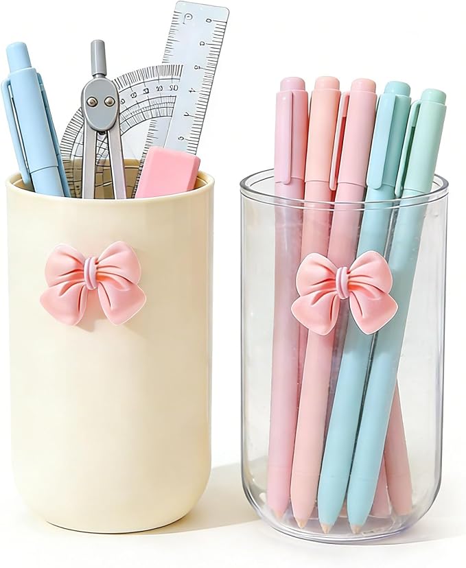 2 Pack Pen Pencil Holder for Desk, Acrylic Desk Organizer with Bow Clear Makeup Brush Holder Cup Desktop Stationery for Office School (Transparent+Beige)