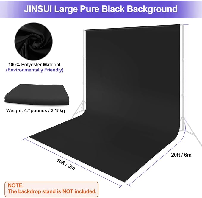 JINSUI Black Backdrop Photo Background Photography Photoshoot 10x20 ft | High-density fabric, large and thick, ideal for birthday party, portrait, video studio, durable and wrinkle-resistant.