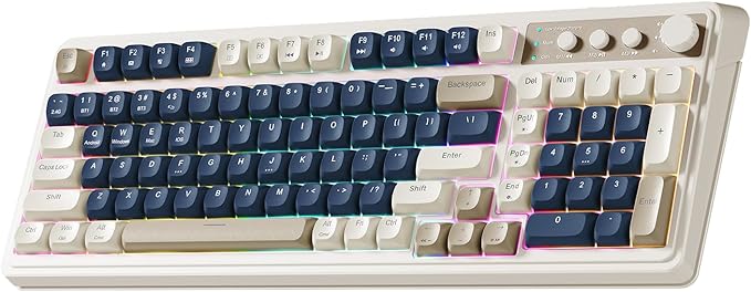 AULA 99 Key Keyboard, Wireless Gaming Keyboard Bluetooth Computer Keyboards Creamy Color Cute Membrane Keyboard with Number Pad RGB Backlit Tri-Mode BT/2.4GHz/USB-C - Blue&Grey&Beige