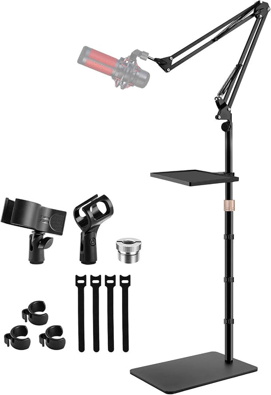 BILIONE Microphone Stand Floor with Tray & Boom Arm, 5.5lbs Weighted Base, Height Adjustable Studio/Podcast Mic Stand w/ 3/8'' to 5/8'' Adapter & 2 Mic Clips Compatible with Blue Yeti QuadCast AT2020