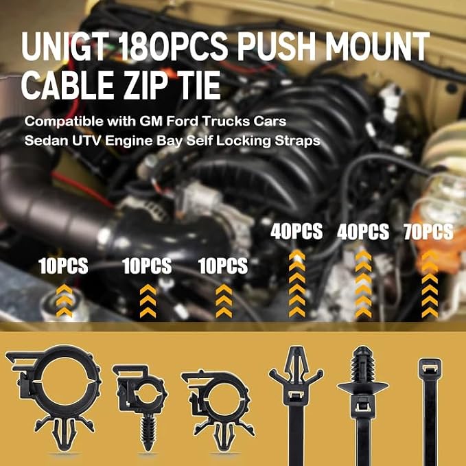 180pcs Nylon Universal Cable Tie Buckle with Car Wire Loom Routing Clips | UNIGT Push Mount Cable Zip Tie Compatible with GM Ford Trucks Cars Sedan UTV Engine Bay Self Locking Straps