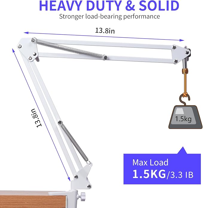 FEELWORLD AMS1 Microphone Boom Arm, Adjustable Mic Arm Stand with 3/8” to 5/8” Screw, Compatible with PM1 and other Mics for Podcast Straming Gaming Studio (White)