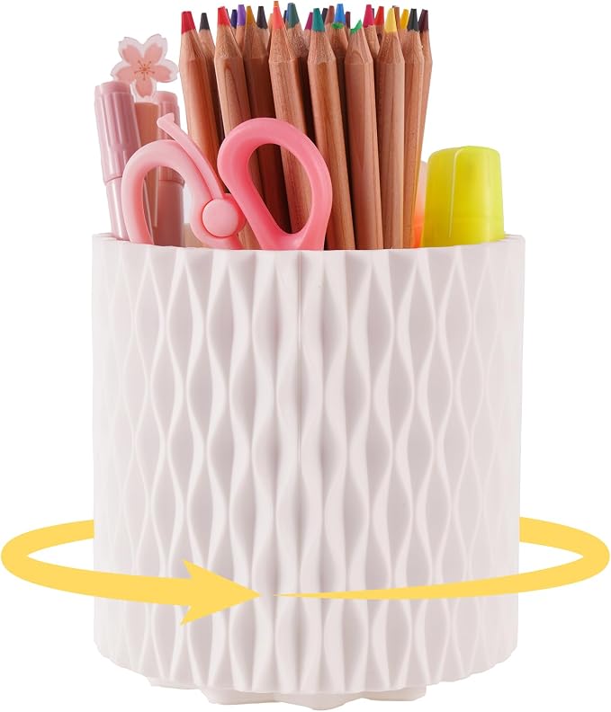 White Pen Holder for Desk, 360° Rotating Pencil Organizer, 5 Slots | Spinning multi-use organizer holds pens, makeup brushes, art supplies & markers — desk caddy for office, classroom or vanity