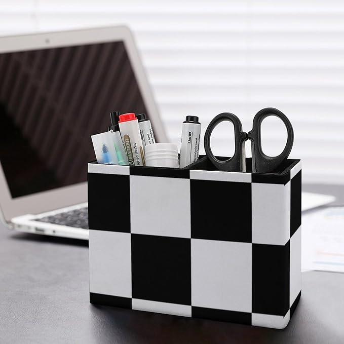 Chess Pattern Black And White Checkered PU Leather Pen Holder Desk Organizer, 2-Compartment Pencil Container for Office, Home, Vanity Use