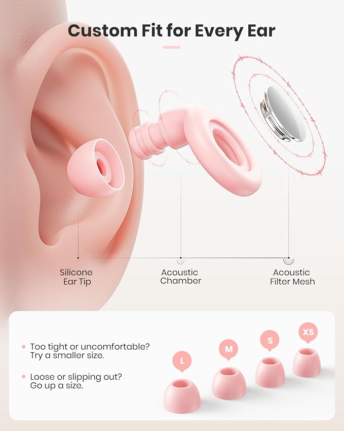 Ear Plugs for Sleeping Noise Cancelling, Reusable Silicone Ear Plugs for Noise Reduction with 8 Ear Tips, Earplugs for Sleep, Concerts, Travel, Snoring (Black + Pink, One Size)