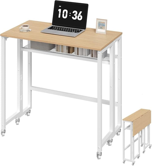 Folding Computer Desk with Storage Shelf, 25.2" Rolling Folding Desk with Wheels, for Small Spaces, Living Room, Bedroom, Office, White and Natural DN08WN