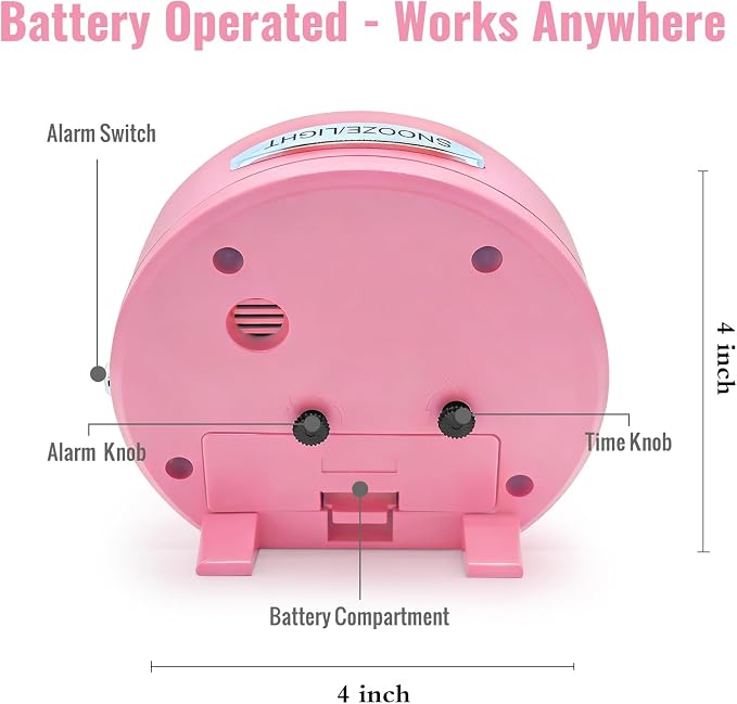 Lamisola 4 Inch Alarm Clock for Bedrooms, Small Analog Desk Clock, Pink | Battery Operated Bedside Clock for Bedroom Bathroom Home Nightstand Shelf, Night Light Snooze, Minimalist Clocks for Seniors