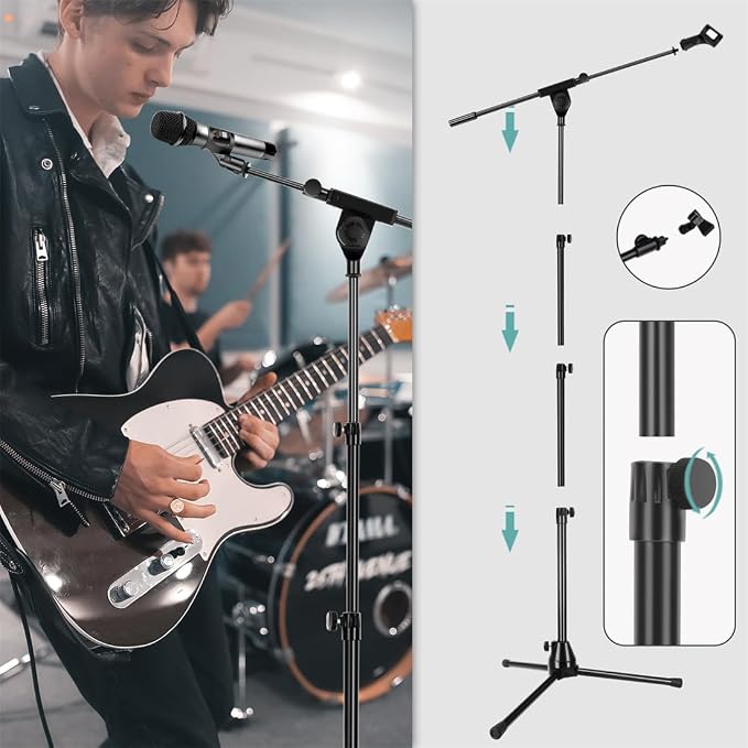 Microphone Stand Floor Foldable Mic Stand Heavy Duty Tripod Boom Arm with 2 Screws Adapter 2 Mic Clips 2 Foam Covers and Carrying Bag for Singing Karaoke Stage HLS02